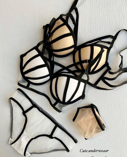 Contrast Color striped Bandage Push Up Bra Set